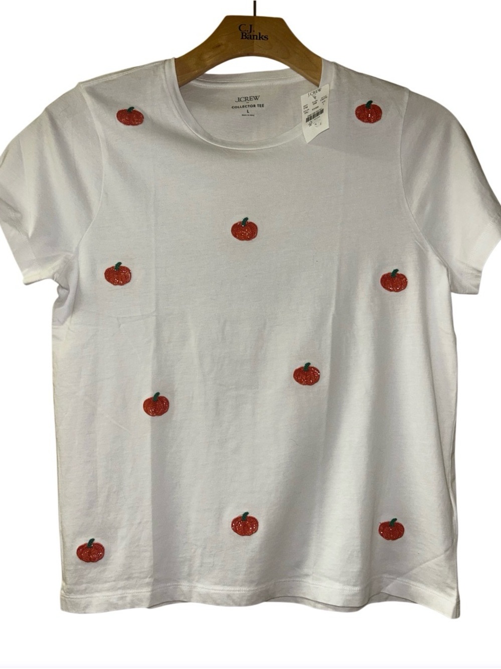 J. Crew White Short Sleeve Tee with sequins Pumpkin Motif NWT